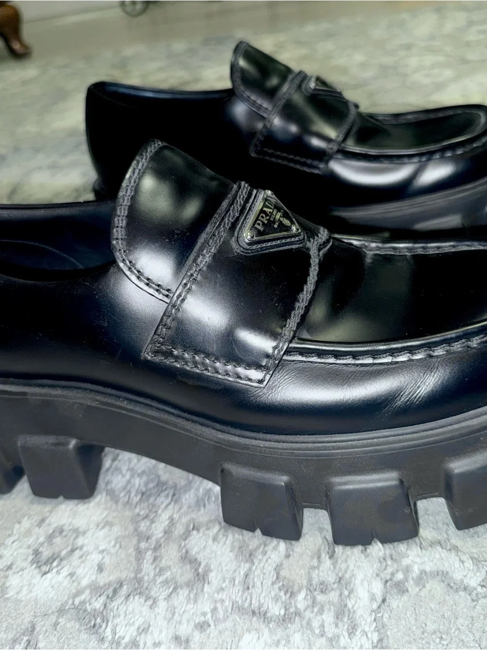 Prada Black Leather Lug Sole Penny Monolith Loafers
